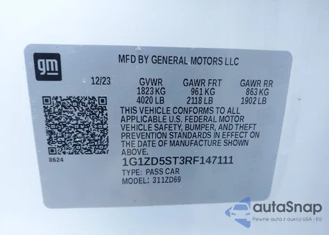 2024 Chevrolet Malibu Fwd 1Lt z USA, uszkodzony, nr VIN 1G1ZD5ST3RF147111